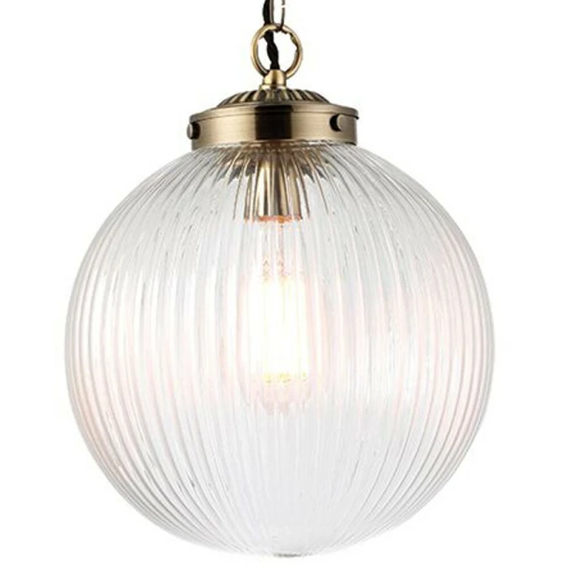 Image of Loops Hanging Ceiling Pendant Light BRASS & RIBBED GLASS Large Round Lamp Shade Holder Clear
