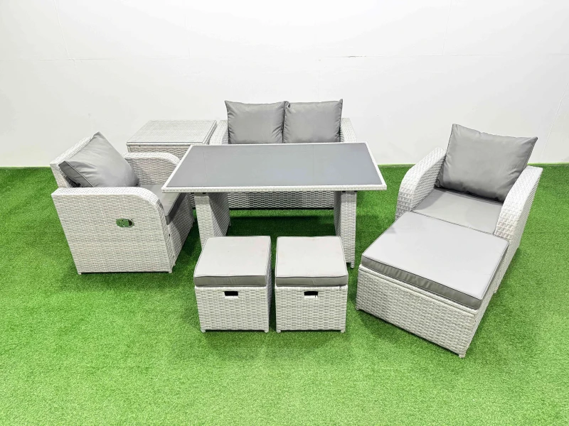 Image of Fimous Outdoor Rattan Garden Furniture Dining Set 7-seater with Side Table in Light Grey Light Grey Unisex