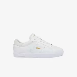 Image of Lacoste Womens Powercourt 2.0 Leather Tonal Trainers Size 3.5 UK White & Gold