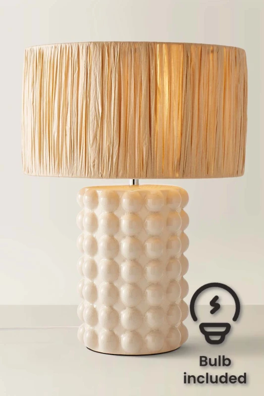 Image of ValueLights Kiran Ceramic Stone Bubble Table Lamp with Raffia Lamp Shade and LED Bulb Cream