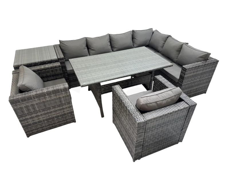Image of Fimous 8 Seater Patio Dining Corner Sofa Sets with 2 Chairs Side Table in Dark Grey Dark Grey Unisex