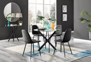 Image of Novara 4 Seater Black Leg Round Glass Dining Table & 4 Corona Faux Leather Black Leg Chairs