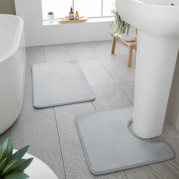 Image of CATHERINE LANSFIELD Anti-Bacterial Memory Foam Bath Mat & Pedestal Mat Set, Silver - Catherine Lansfield BR/55661/W/BMPM/SI