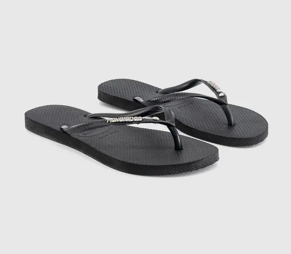 Image of Havaianas Womens Slim Metal Crystal Logo Flip Flops Black, 6/7