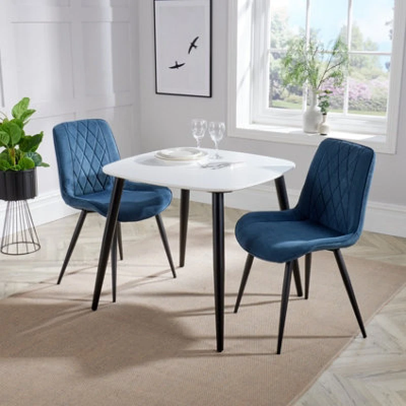 Image of Core Products Aspen White 80Cm Square Dining Table With 2 Blue Cord Fabric Diamond Stitch Design Chairs