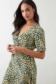 Image of Yellow Ditsy Tie Front Midi Dress
