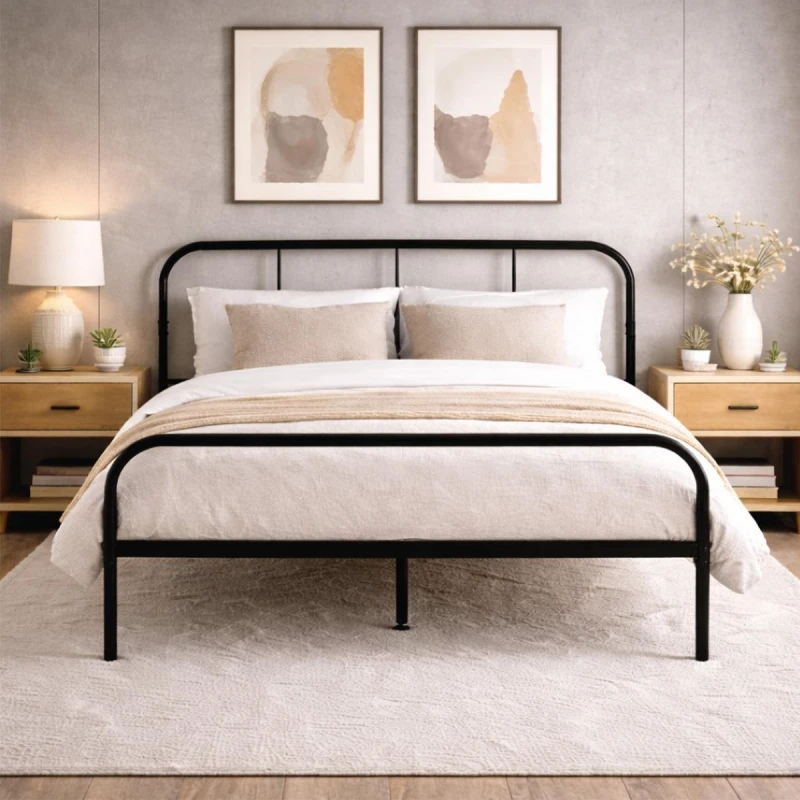 Image of House of Home Double Size Bed Frame Metal Rounded Headboard Easy Assembly Bed Base Storage Black