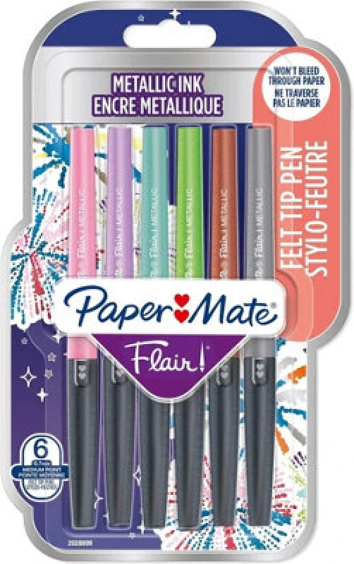 Image of Paper Mate Metallic Felt Tip Pen Medium 0.7mm Tip Assorted Colours (Pack 6) 2137361