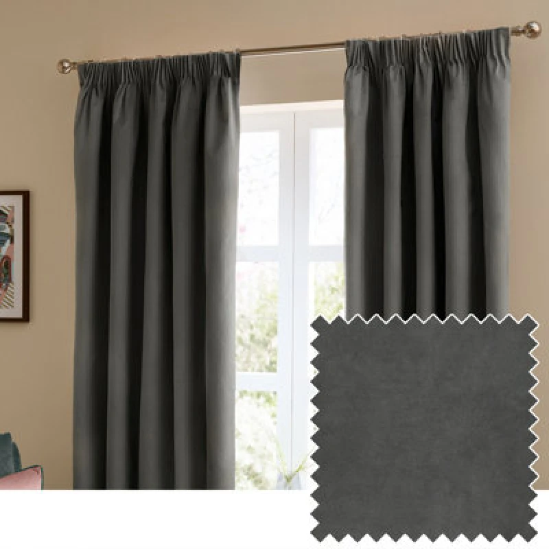 Image of Furn. The Ultimate Velvet Room Darkening Pencil Pleat Curtain Pair, Charcoal, (W)117X (D)137Cm