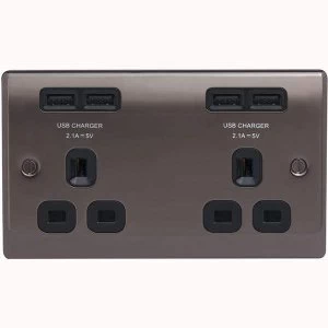 Image of BG Nexus Metal Black Nickel 2 Gang Plug Socket with 4 x USB Outlets Black Insert 13A NBN24U44B