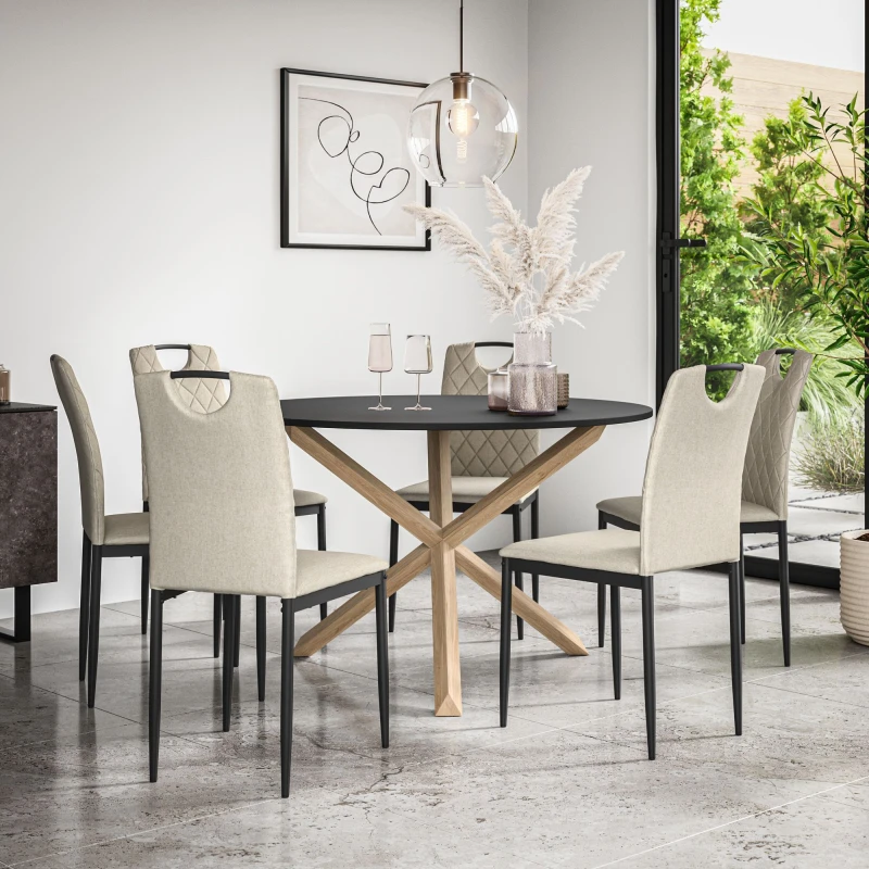 Image of More4Homes Malvern Round Dining Table And Chairs - Black Table Top W Solid Oak Legs + Monza Fabric Dining Chair Set Of 6 (Beige)