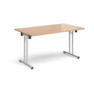 Image of Rectangular folding leg table with silver legs and straight foot rails 1400mm x 800mm - beech