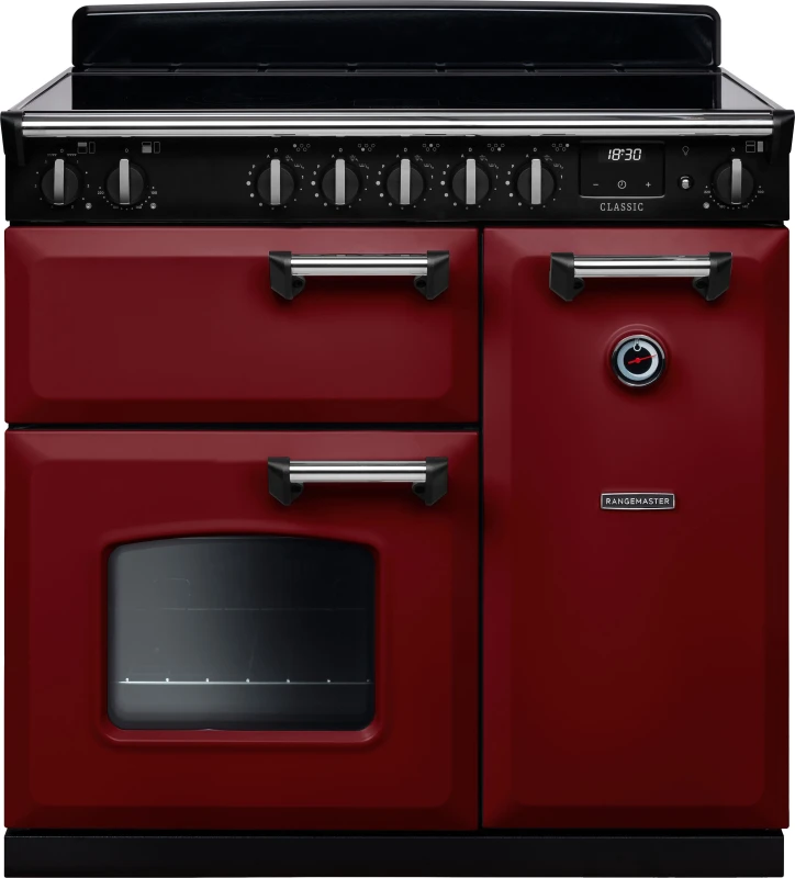 Image of Rangemaster Classic CL90EIPBOR/CM1 90cm wide Electric Range Cooker with Induction Hob - Bordeaux / Chrome - A Rated