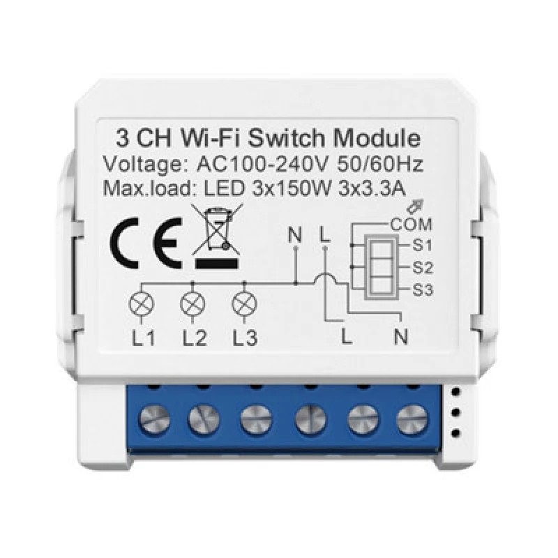 Image of Ener-J Smart WiFi+Ble 3Ch Light Switch Module (Max 3 X 150W). On/off Switch