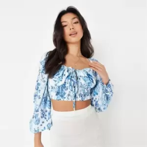 Image of Missguided Balloon Sleeve Floral Tie Front Milkmaid - Blue