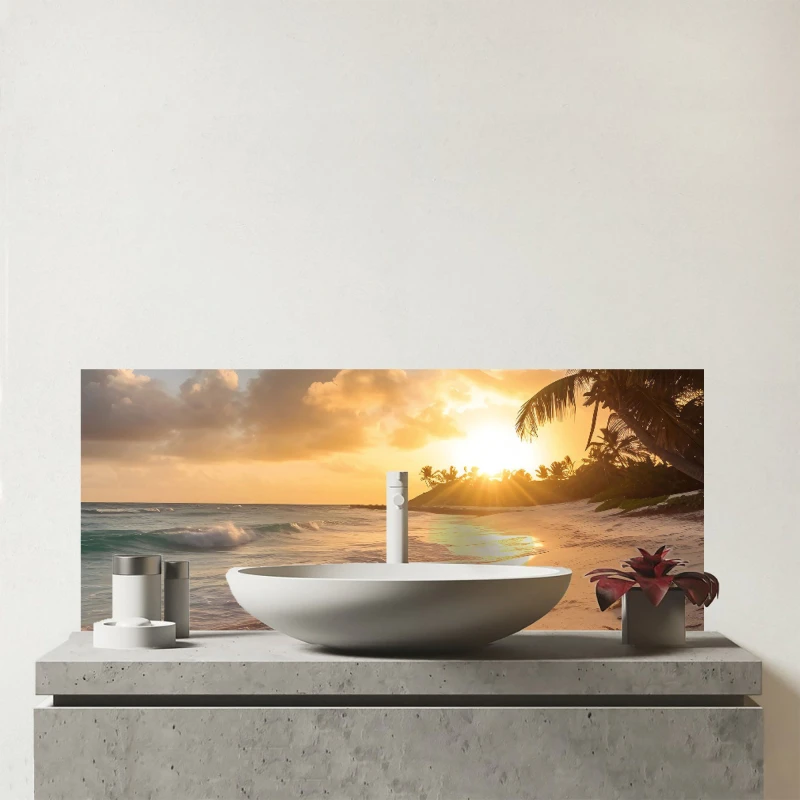 Image of Warren Reed - Designer Sunrise In Paradise Glass Bathroom Splashback Multicolor Unisex