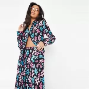 Image of Missguided Fitted Ruched Shirt Plisse Floral - Black