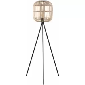 Image of Loops - Tripod Floor Lamp Light Black & Wicker 1 x 28W E27 Bulb Tall Living Room