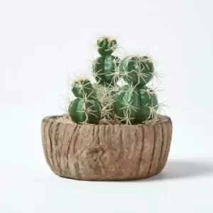 Image of Homescapes - Echinocactus Artificial Cactus in Round Wooden Planter, 15cm Tall - Green