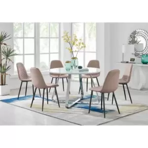 Image of Furniture Box Santorini White Round Dining Table and 6 Cappuccino Corona Black Leg Chairs
