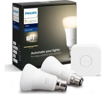 Image of PHILIPS HUE White Ambience Smart Lighting Starter Kit with Bridge - B22, White