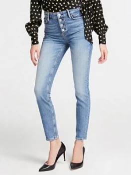 Image of Guess 1981 Exposed Button High Rise Skinny Jeans - Blue