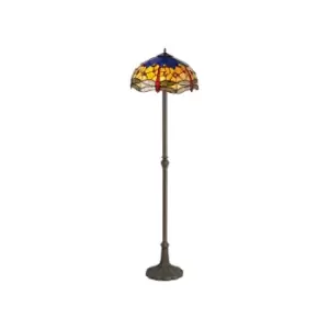 Image of 2 Light Leaf Design Floor Lamp E27 With 40cm Tiffany Shade, Blue, Orange, Crystal, Aged Antique Brass