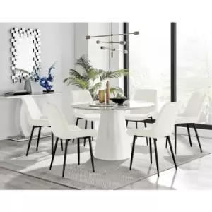 Image of Furniturebox UK - Furniturebox Palma White Marble Effect 120cm Round Minimalist Dining Table & 6 Cream Pesaro Black Leg Velvet Chairs