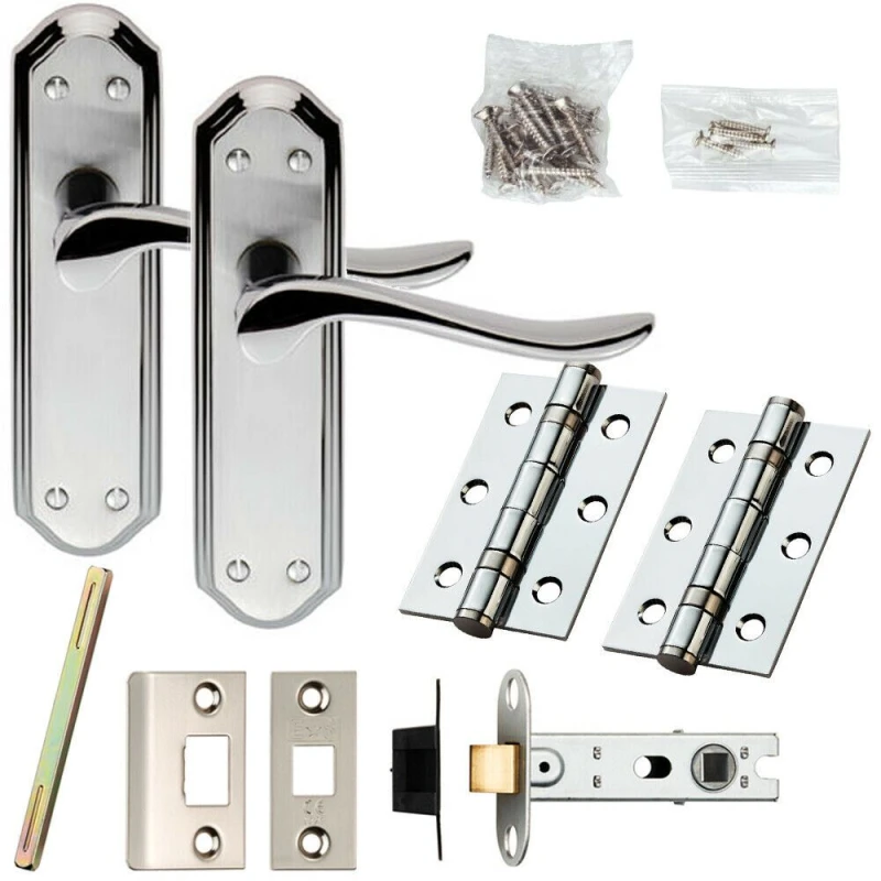 Image of Loops Door Handle & Latch Pack Chrome & Satin Nickel Curved Lever Ornate Backplate Metallics