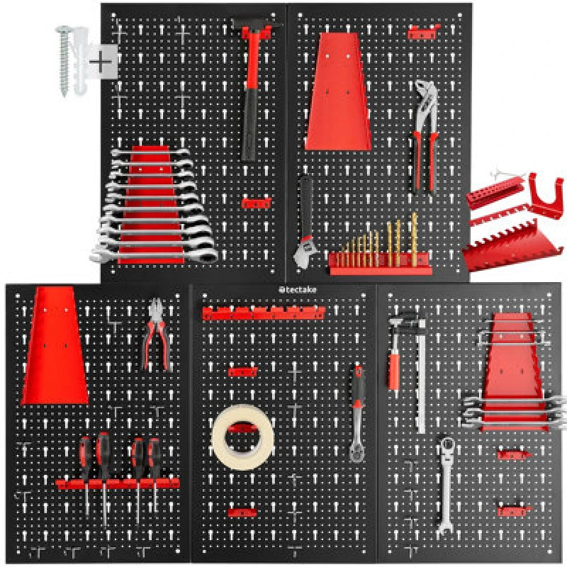 Image of Tectake Tool Pegboard Jonah - Hooks And Holders 5-Panel - Black/red