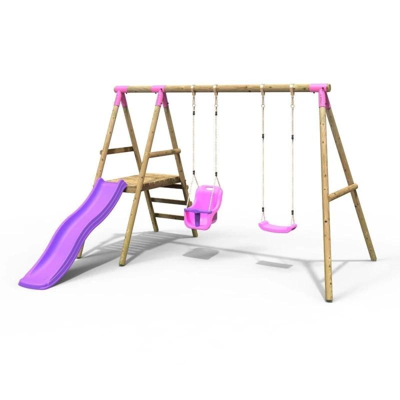 Image of Rebo Wooden Swing Set with Slide - Odyssey Pink Pink