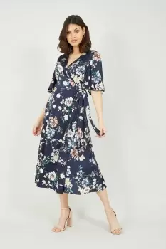 Image of Navy Cluster Floral Satin Wrap Dress