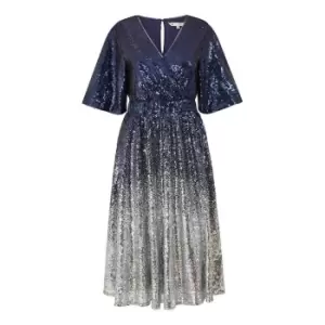 Image of Yumi Navy Ombre Sequin Midi Wrap Dress - Blue