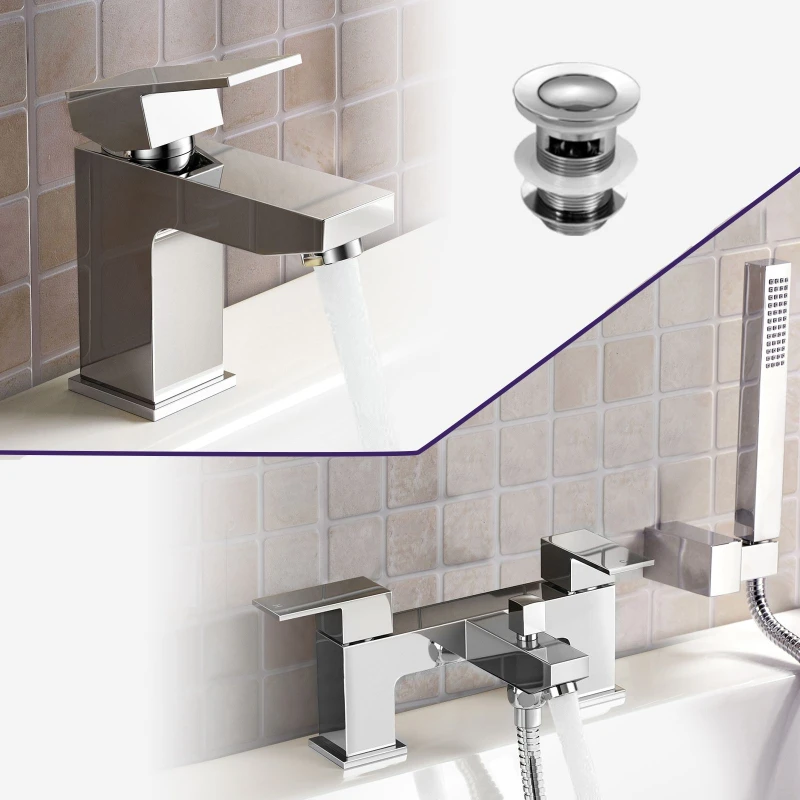 Image of Nes Home Chrome Bathroom Basin Mixer Tap Bath Shower Mixer Tap & Waste in Silver Silver Unisex