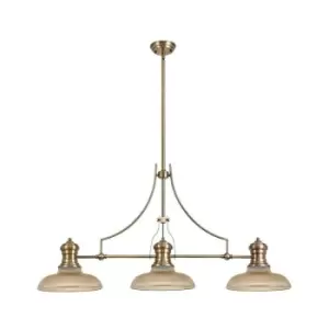 Image of Luminosa Lighting - 3 Light Telescopic Ceiling Pendant E27 With 30cm Round Glass Shade, Antique Brass, Amber