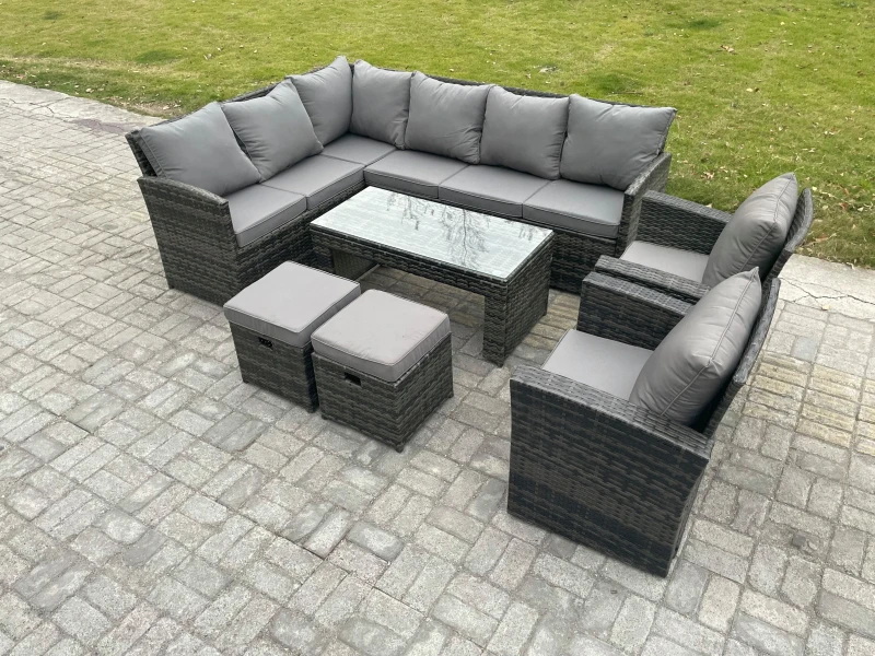 Image of Fimous Rattan Garden Furniture Sets High Back Corner Sofa Oblong Coffee Table Set with 2 Small Footstool 2 Armchairs Dark Grey Mixed Dark Grey Unisex