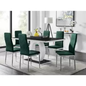 Image of Furniturebox UK - Furniturebox Giovani 6 Black Dining Table & 6 Green Milan Velvet Dining Chairs Diamond Stitch Modern Contemporary Chrome Metal