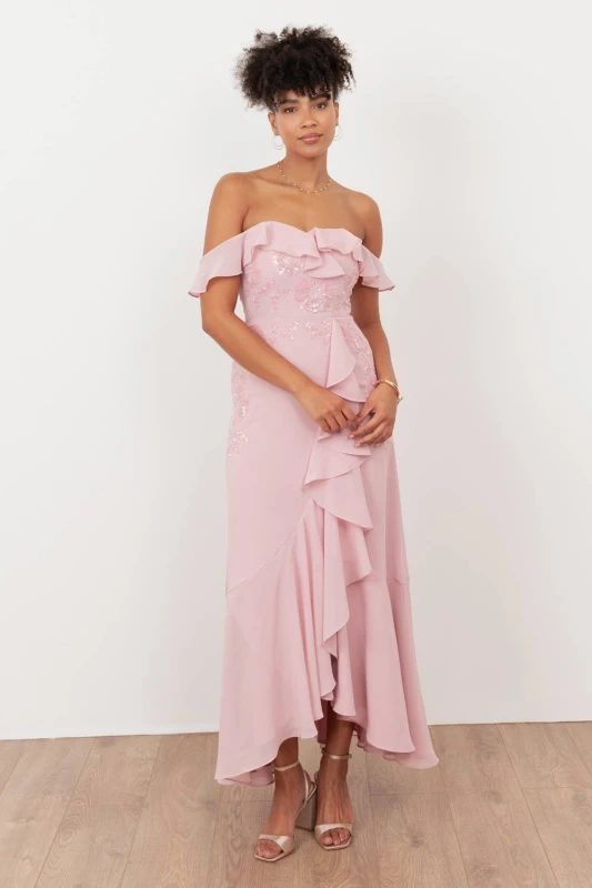 Image of Maya Deluxe Womens Embellished Faux Wrap Bardot Midaxi Dress in Light Pink Size: 14 Light Pink Female 14