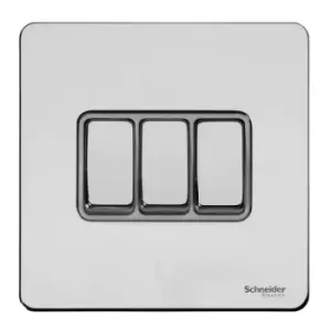 Image of Schneider Electric Ultimate Screwless Flat Plate - 3 Gang Toggle 2 Way Light Switch, Single Pole, 16AX, GU1432WPC, Polished Chrome with White Insert