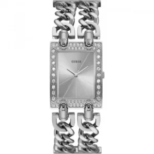 Image of GUESS ladies silver watch with white dial.