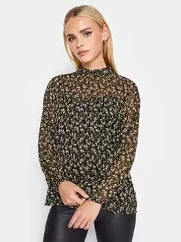 Image of PixieGirl Petite Ditsy High Neck Frill Top, Black, Size 6, Women