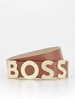 Image of BOSS Bold Logo Leather Belt - Brown, Size 80, Women