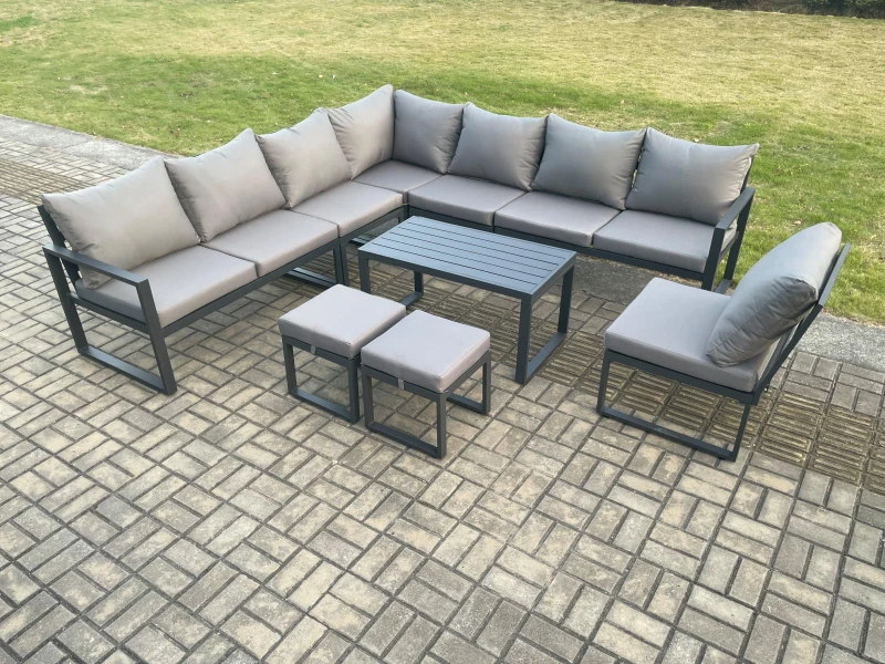 Image of Fimous Aluminium 10 Seater Patio Outdoor Garden Furniture Lounge Corner Sofa Set with Oblong Coffee Table 2 Small Footstools Dark Grey Dark Grey Unise