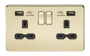 Image of KnightsBridge 2G 13A Screwless Polished Brass 2G Switched Socket with Dual 5V USB Charger Ports - White Insert