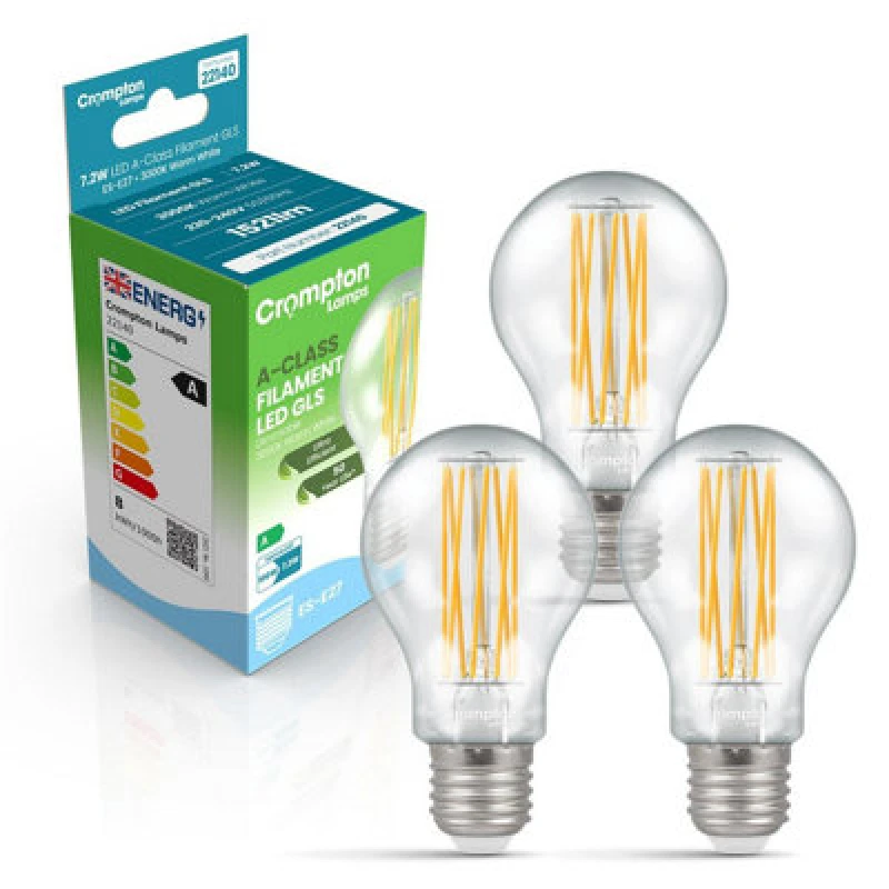 Image of Crompton Lamps LED Ultra-Efficient GLS 7.2W E27 Dimmable A-Class Warm White Clear (100W Eqv)