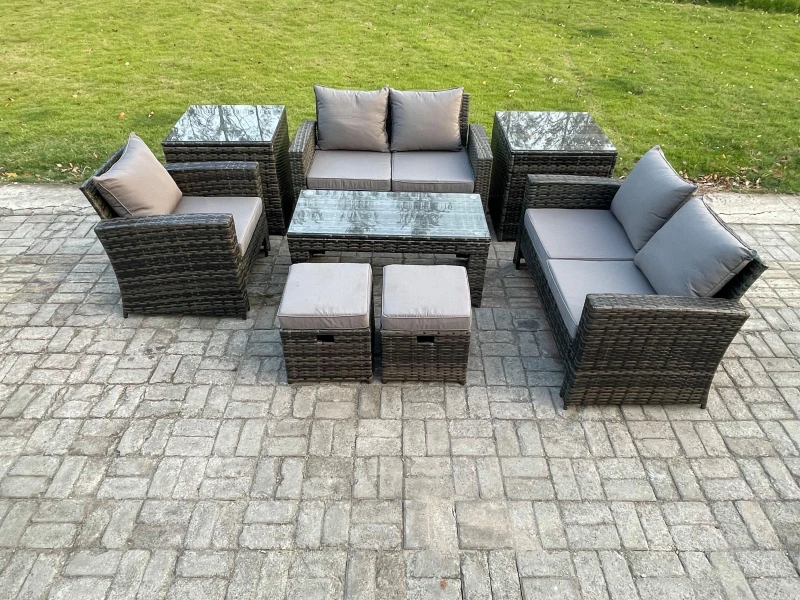 Image of Fimous 7 Seater Outdoor Rattan Patio Furniture Set Garden Lounge Sofa Set with 2 Side Tables 2 Small Footstools Coffee Table Dark Grey Mixed Dark Grey