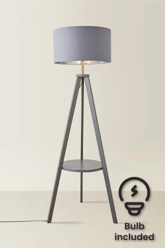 Image of ValueLights Morrigan Grey Wood Tripod Floor Lamp With Fabric Drum Lamp Shade and LED Bulb Metallics