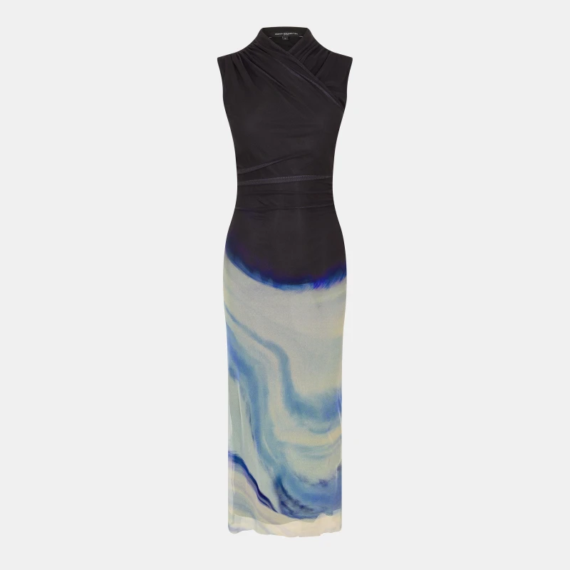 Image of French Connection Womens Toni Wrap Neck A Line Dress Navy/Sky Blue female 8 (XS)