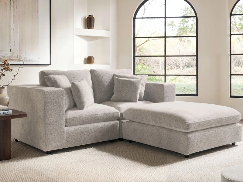 Image of Solace+Co Asher 3 Seater Sofa with Footstool - Beige Boucle Beige Unisex