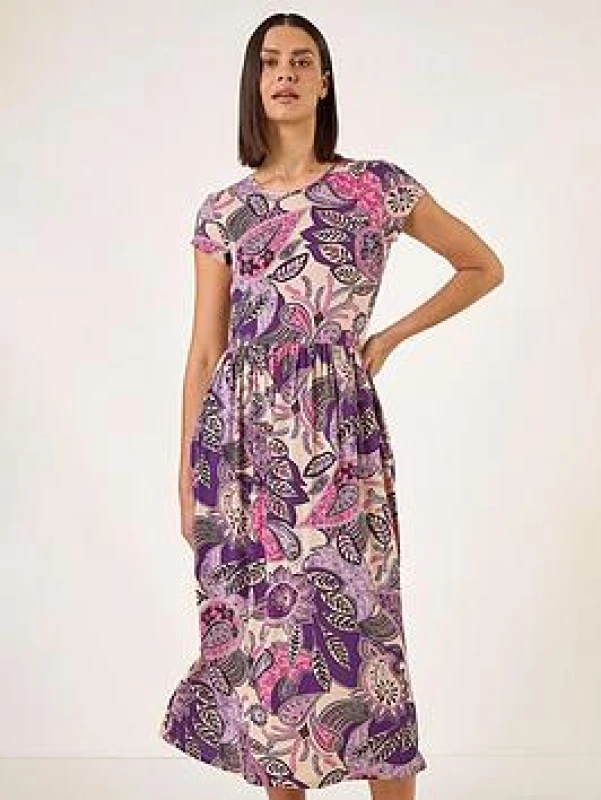 Image of Roman Womens Paisley Print Short Sleeve Midi Dress in Purple Size: 14 Purple Female 14